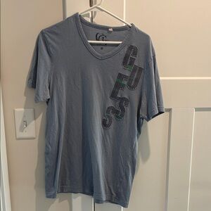 Guess Men's Slate Blue V-Neck Tee with Vertical Logo